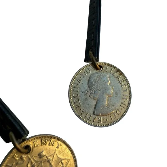 Vintage British Half Penny Coin Leather Wrap Choker Lariat Necklace 1942 1958 - Picture 3 of 7